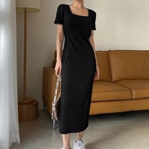 Square neck ribbed midi maxi black dress